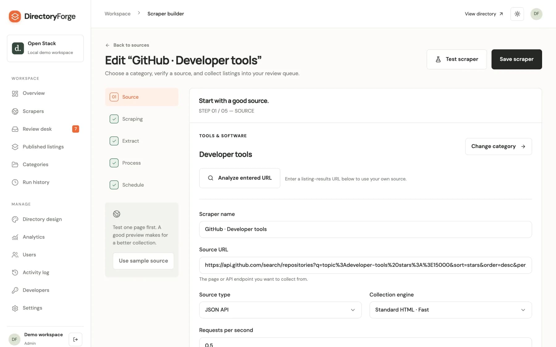 Scraper builder, Source step: category, scraper name, source URL, source type and collection engine.