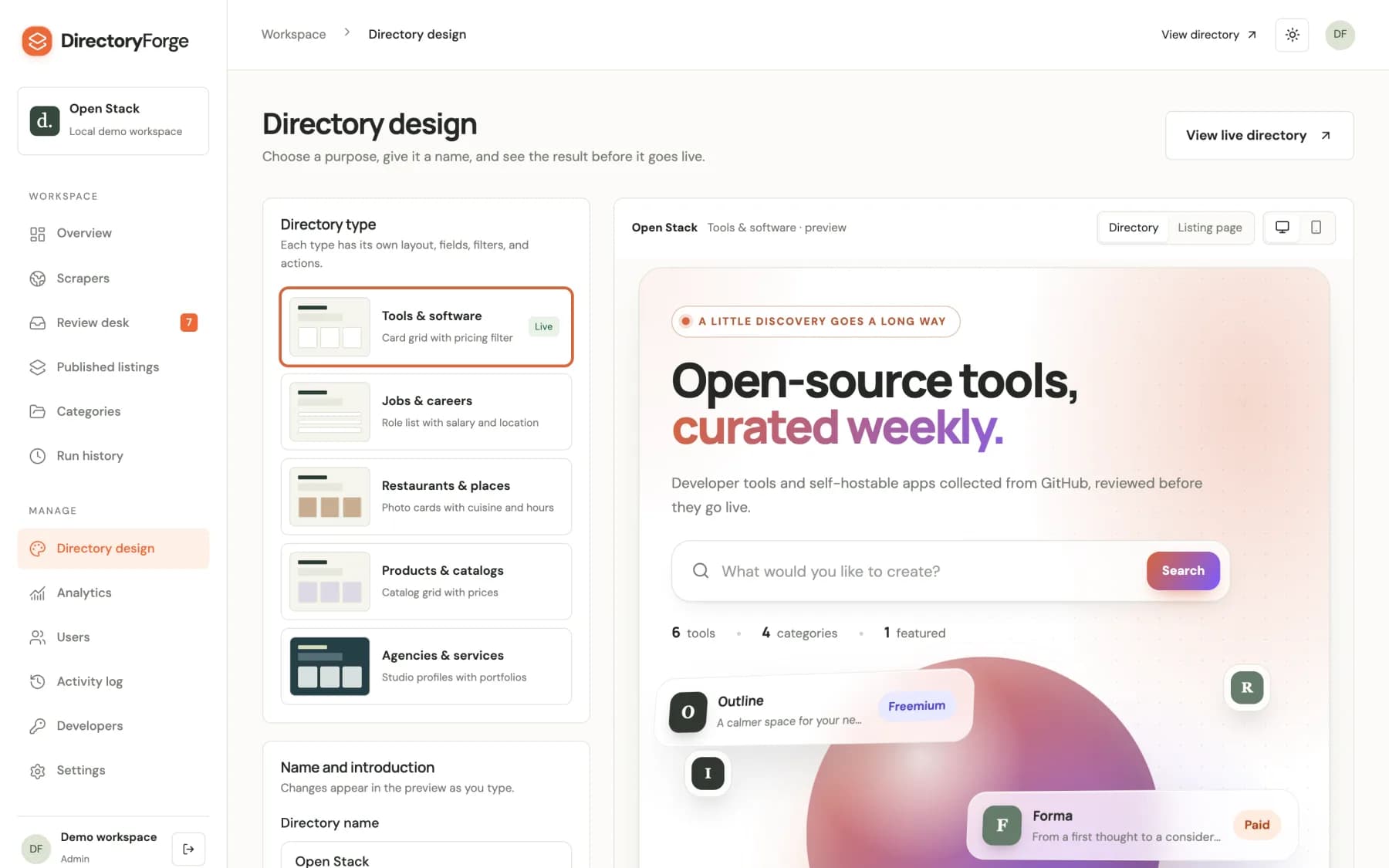 Directory design page with five directory types on the left and a live preview of the tools directory on the right.