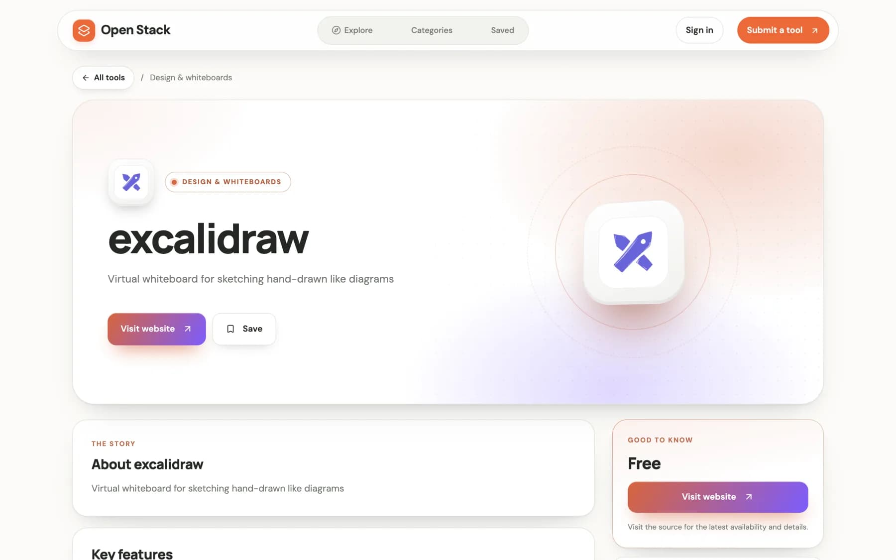 A published listing detail page for Excalidraw with a Visit website button and a Save button.