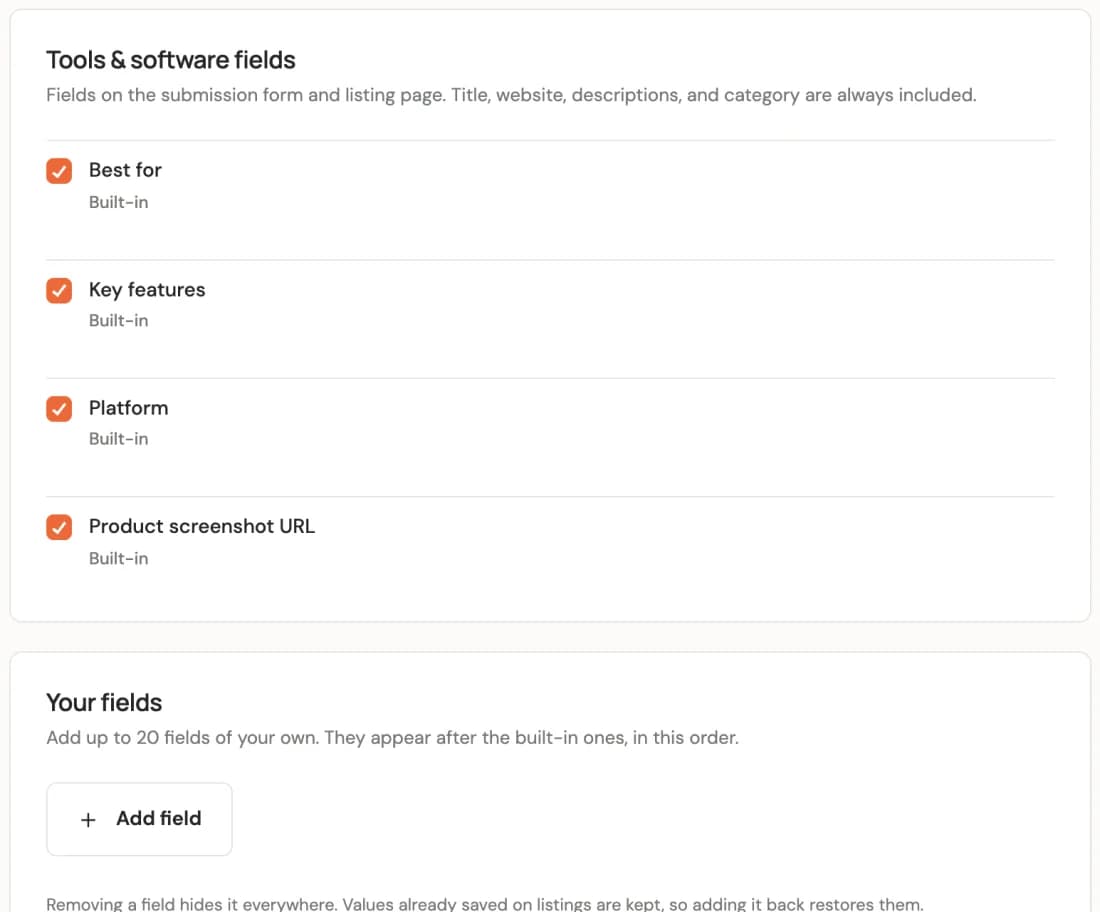 Listing fields settings showing built-in tools fields and an Add field button.
