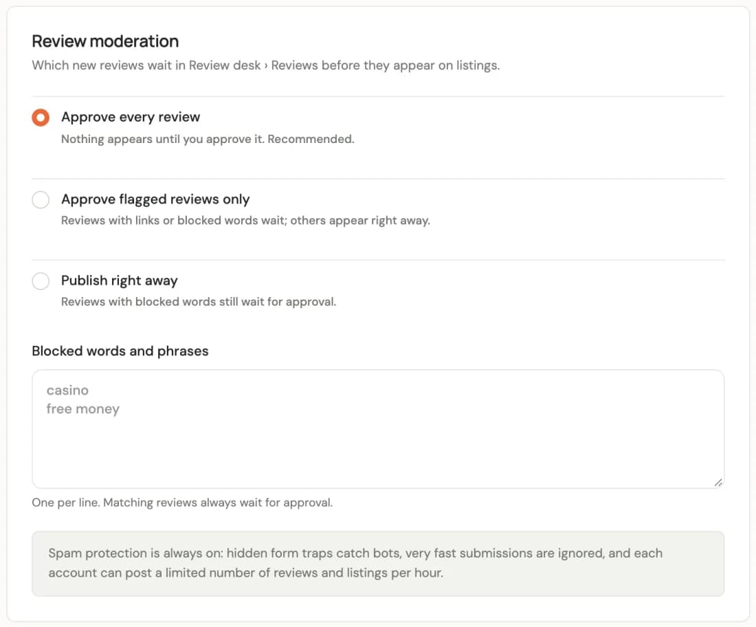 Review moderation settings with three approval modes and a blocked words list.