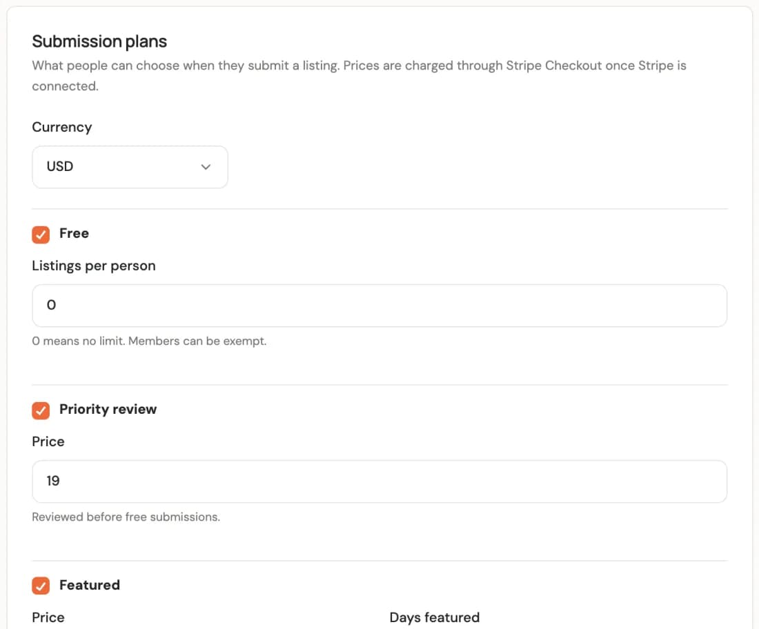 Submission plans settings: currency, free listings per person, and a Priority review price.