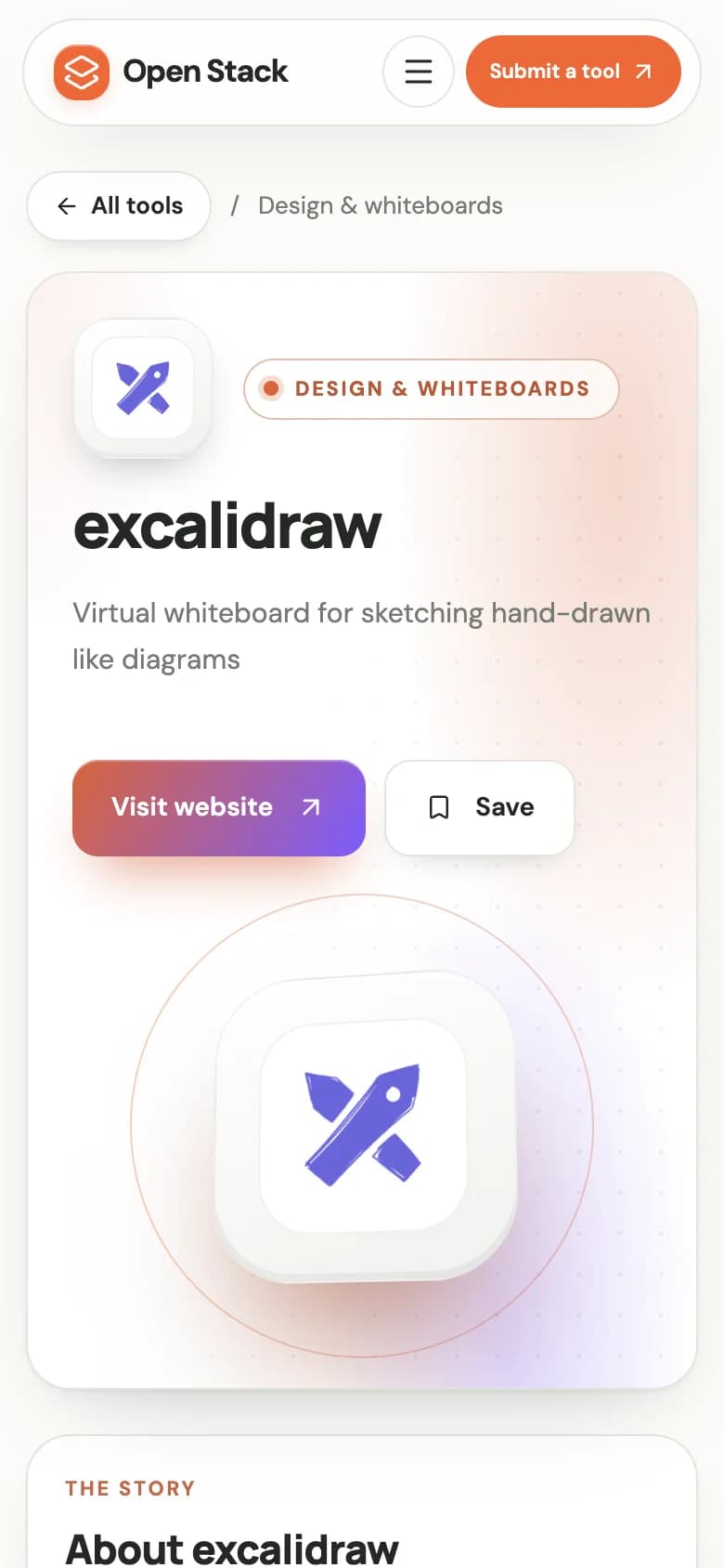 Listing detail page for Excalidraw on a phone.
